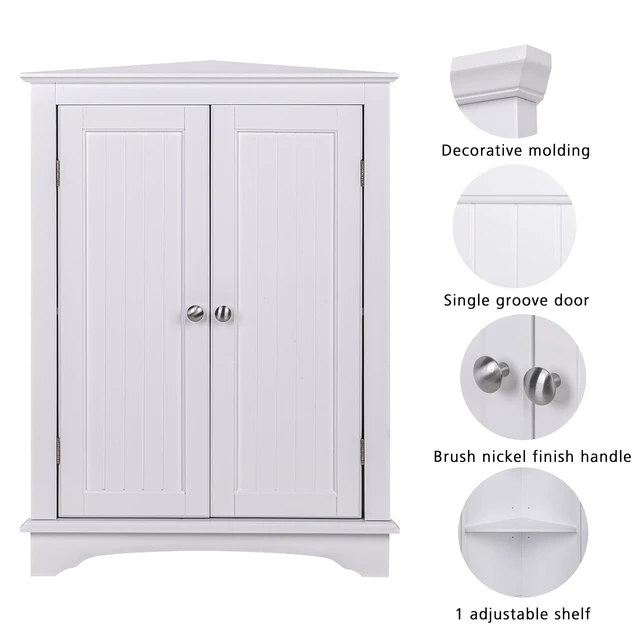 Alt view image 5 of 7 - Corner Bathroom Cabinet with Doors and Adjustable Shelf, White | 2 Beadboard Doors, Adjustable Shelf, Space-Saving Triangular Design for Bathrooms, Kitchens, Living Rooms, and Entryways