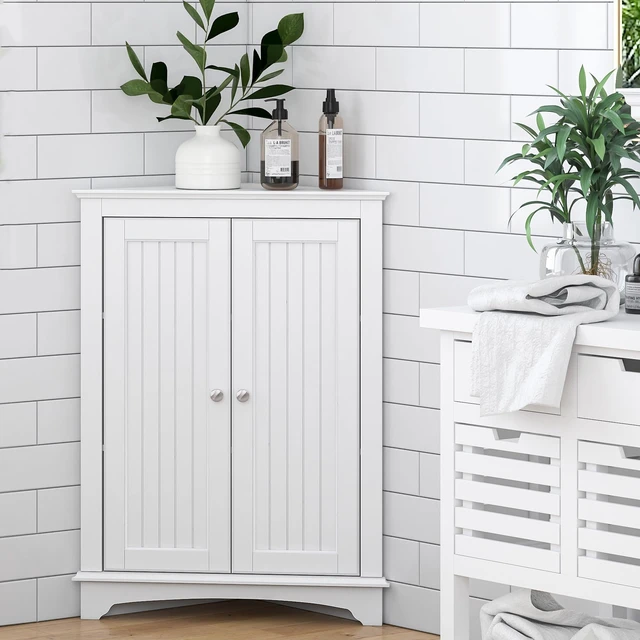 Alt view image 6 of 7 - Corner Bathroom Cabinet with Doors and Adjustable Shelf, White | 2 Beadboard Doors, Adjustable Shelf, Space-Saving Triangular Design for Bathrooms, Kitchens, Living Rooms, and Entryways