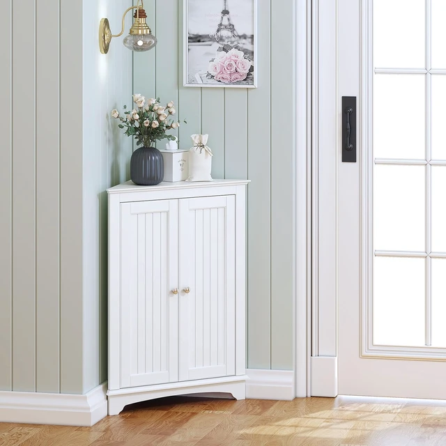 Alt view image 7 of 7 - Corner Bathroom Cabinet with Doors and Adjustable Shelf, White | 2 Beadboard Doors, Adjustable Shelf, Space-Saving Triangular Design for Bathrooms, Kitchens, Living Rooms, and Entryways