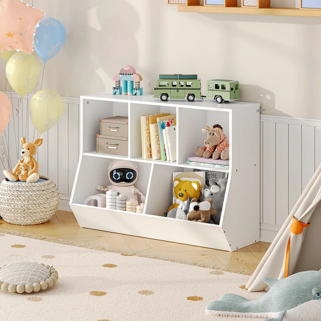 Alt view image 2 of 7 - Kids Bookshelf, Bookcase Footboard, Toy Storage Cubby, Children's Toy Shelf, 35.4" L Storage Cabinet, Fit for Children's Room, Playroom, Hallway, Kindergarten, White