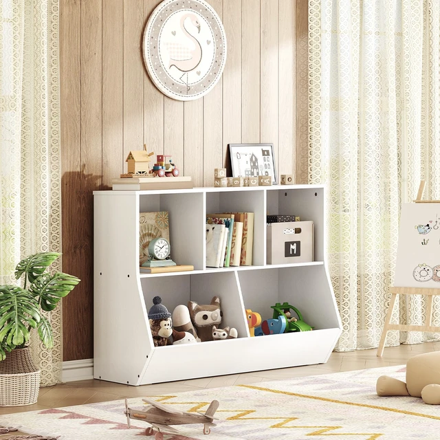 Alt view image 6 of 7 - Kids Bookshelf, Bookcase Footboard, Toy Storage Cubby, Children's Toy Shelf, 35.4" L Storage Cabinet, Fit for Children's Room, Playroom, Hallway, Kindergarten, White