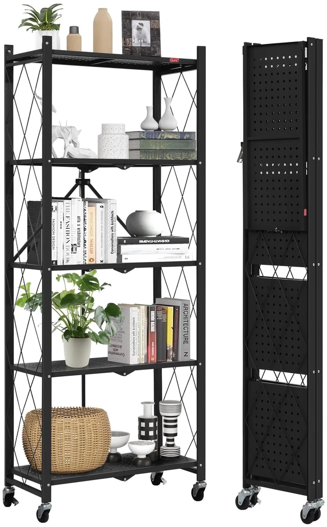 Main image of 5-Shelf Folding Bookcase with Wheels, Rolling Bookshelf Heavy Duty Storage Shelves, Freestanding Metal Wire Shelving Unit for Living Room, Office, Kitchen, Basement, Pantry (Black)