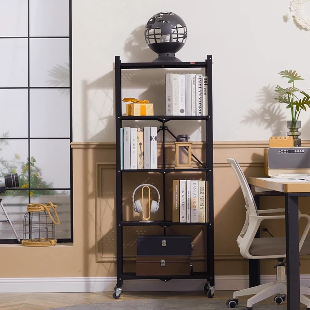 Alt view image 2 of 7 - 5-Shelf Folding Bookcase with Wheels, Rolling Bookshelf Heavy Duty Storage Shelves, Freestanding Metal Wire Shelving Unit for Living Room, Office, Kitchen, Basement, Pantry (Black)