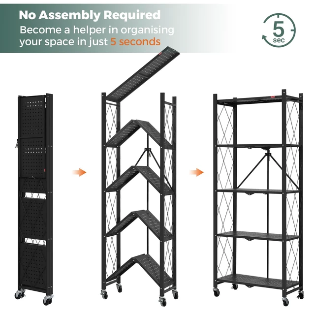 Alt view image 3 of 7 - 5-Shelf Folding Bookcase with Wheels, Rolling Bookshelf Heavy Duty Storage Shelves, Freestanding Metal Wire Shelving Unit for Living Room, Office, Kitchen, Basement, Pantry (Black)