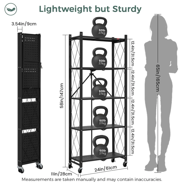 Alt view image 4 of 7 - 5-Shelf Folding Bookcase with Wheels, Rolling Bookshelf Heavy Duty Storage Shelves, Freestanding Metal Wire Shelving Unit for Living Room, Office, Kitchen, Basement, Pantry (Black)