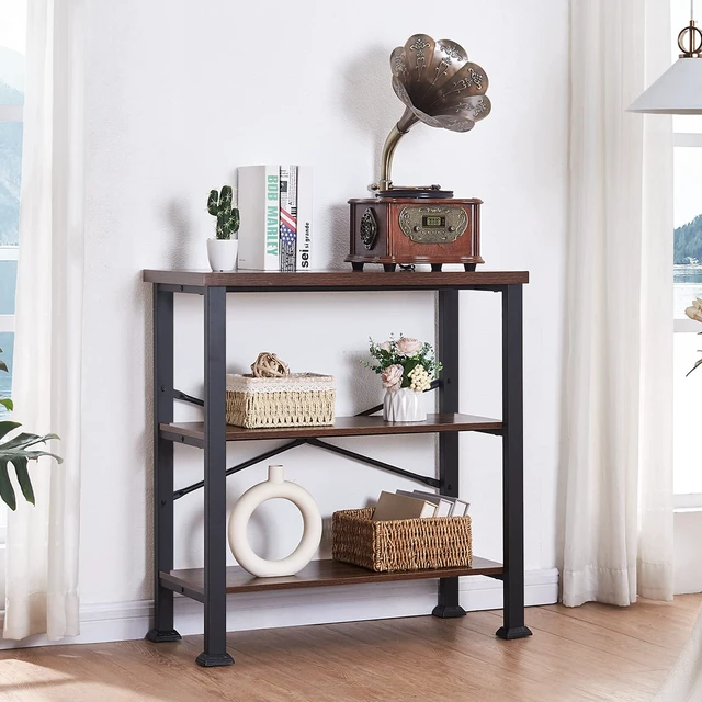 Alt view image 2 of 7 - Hombazzar 3 Tier Book Shelf,31.5" Wide Rustic Brown Short Bookshelf | Multipurpose Design for Living Room,Office,Bedroom. Retro Industrial Design,Stability,Adjustable Feet,Easy Assembly