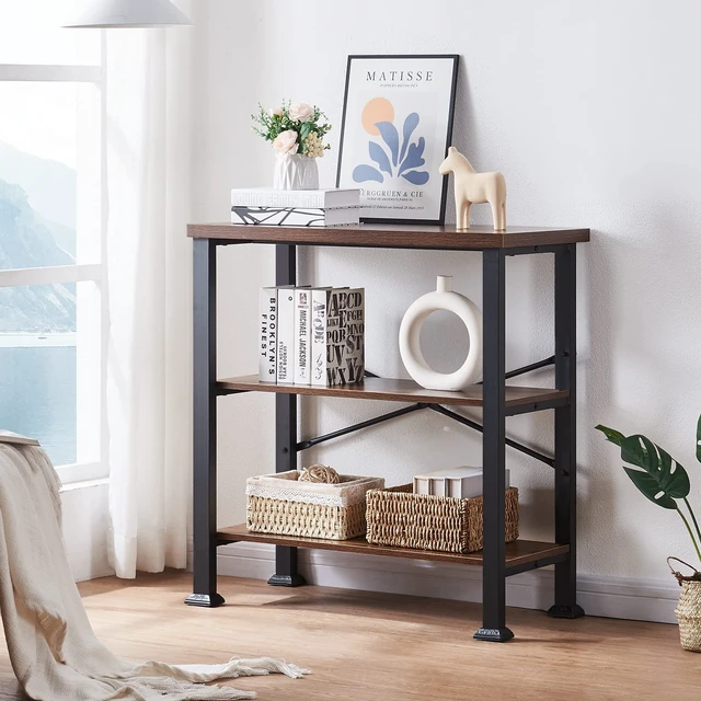 Alt view image 3 of 7 - Hombazzar 3 Tier Book Shelf,31.5" Wide Rustic Brown Short Bookshelf | Multipurpose Design for Living Room,Office,Bedroom. Retro Industrial Design,Stability,Adjustable Feet,Easy Assembly