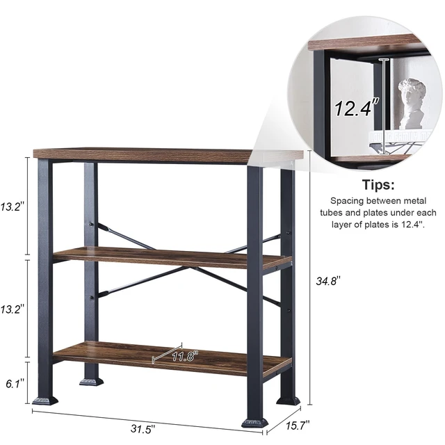 Alt view image 7 of 7 - Hombazzar 3 Tier Book Shelf,31.5" Wide Rustic Brown Short Bookshelf | Multipurpose Design for Living Room,Office,Bedroom. Retro Industrial Design,Stability,Adjustable Feet,Easy Assembly