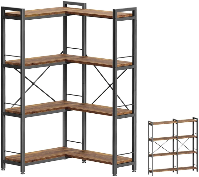 Main image of 4 Tier Bookshelf, L Shaped Corner Bookshelf with 8 Open Shelves, 49.4 Inch Straight Wide Bookcase with Metal Frame and Wooden Board, Adjustable Feet, Rustic Brown