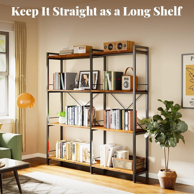 Alt view image 2 of 7 - 4 Tier Bookshelf, L Shaped Corner Bookshelf with 8 Open Shelves, 49.4 Inch Straight Wide Bookcase with Metal Frame and Wooden Board, Adjustable Feet, Rustic Brown