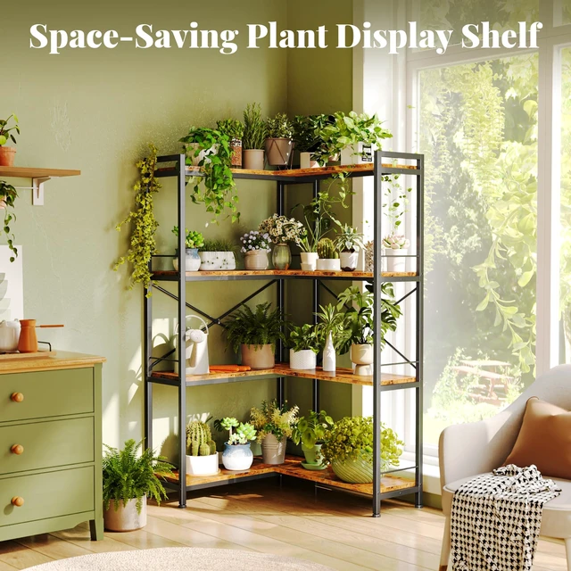 Alt view image 3 of 7 - 4 Tier Bookshelf, L Shaped Corner Bookshelf with 8 Open Shelves, 49.4 Inch Straight Wide Bookcase with Metal Frame and Wooden Board, Adjustable Feet, Rustic Brown