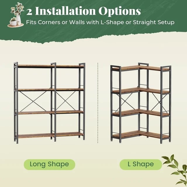Alt view image 5 of 7 - 4 Tier Bookshelf, L Shaped Corner Bookshelf with 8 Open Shelves, 49.4 Inch Straight Wide Bookcase with Metal Frame and Wooden Board, Adjustable Feet, Rustic Brown