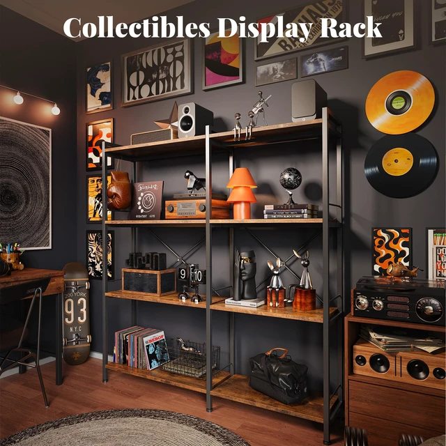 Alt view image 6 of 7 - 4 Tier Bookshelf, L Shaped Corner Bookshelf with 8 Open Shelves, 49.4 Inch Straight Wide Bookcase with Metal Frame and Wooden Board, Adjustable Feet, Rustic Brown