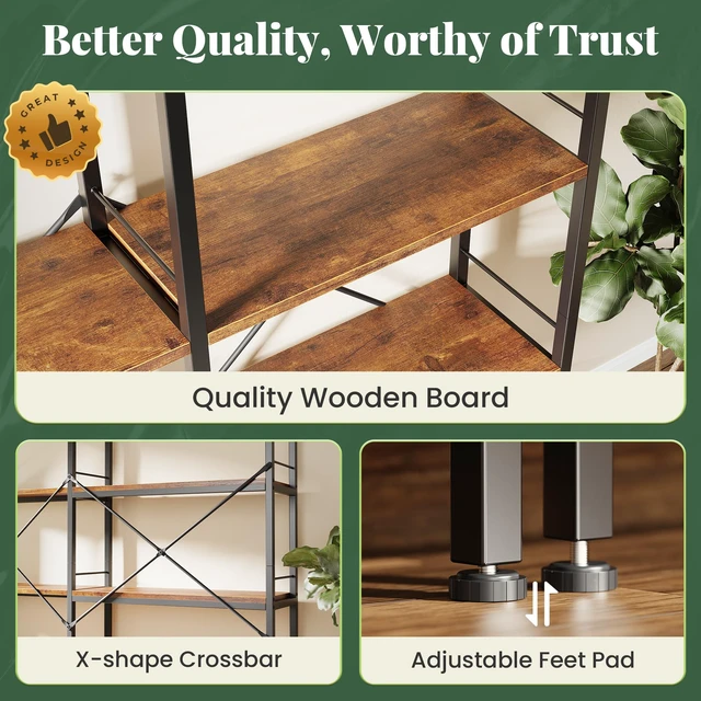 Alt view image 7 of 7 - 4 Tier Bookshelf, L Shaped Corner Bookshelf with 8 Open Shelves, 49.4 Inch Straight Wide Bookcase with Metal Frame and Wooden Board, Adjustable Feet, Rustic Brown