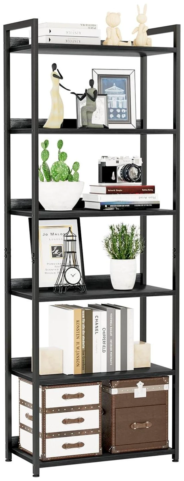 Main image of Bookshelf, 6 Tier Freestanding Shelving Unit, Black | Metal Frame & Wood Shelves, Falling Prevention Baffle, Open Storage Bookcase for Bedroom, Living Room & Home Office
