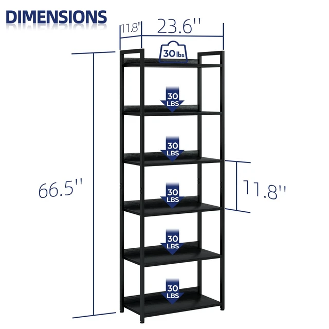 Alt view image 2 of 6 - Bookshelf, 6 Tier Freestanding Shelving Unit, Black | Metal Frame & Wood Shelves, Falling Prevention Baffle, Open Storage Bookcase for Bedroom, Living Room & Home Office
