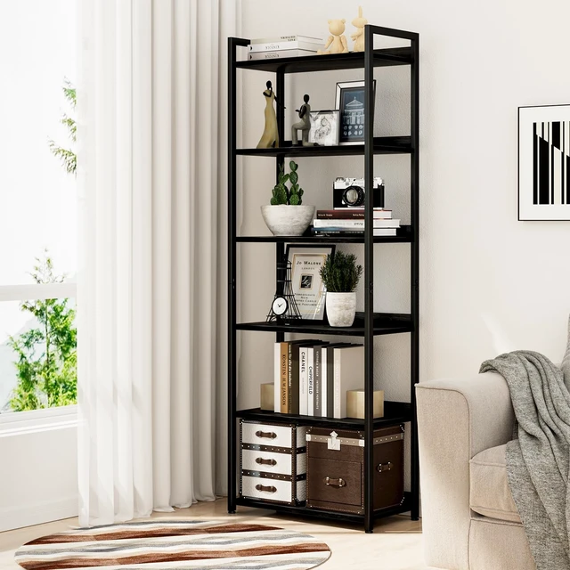 Alt view image 3 of 6 - Bookshelf, 6 Tier Freestanding Shelving Unit, Black | Metal Frame & Wood Shelves, Falling Prevention Baffle, Open Storage Bookcase for Bedroom, Living Room & Home Office