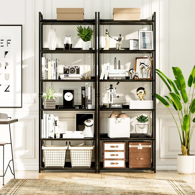Alt view image 4 of 6 - Bookshelf, 6 Tier Freestanding Shelving Unit, Black | Metal Frame & Wood Shelves, Falling Prevention Baffle, Open Storage Bookcase for Bedroom, Living Room & Home Office