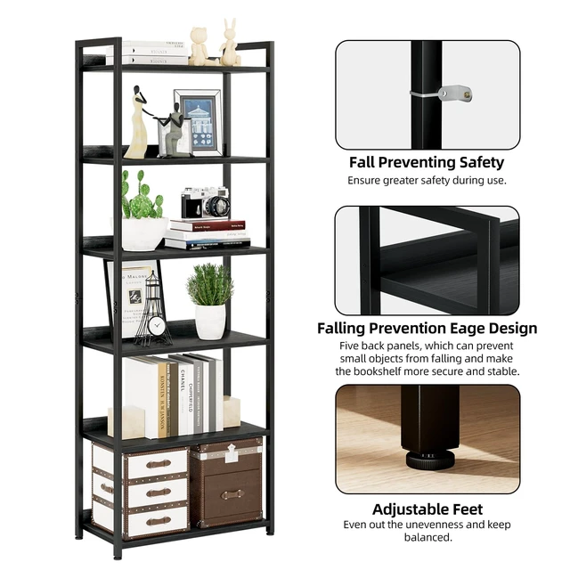 Alt view image 5 of 6 - Bookshelf, 6 Tier Freestanding Shelving Unit, Black | Metal Frame & Wood Shelves, Falling Prevention Baffle, Open Storage Bookcase for Bedroom, Living Room & Home Office