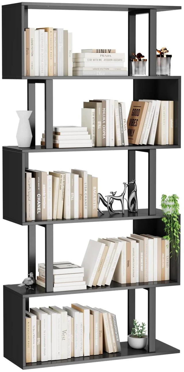Main image of 5-Tier Geometric Bookcase,S Shaped Bookshelf, Wood Decorative Storage Shelving, Modern Freestanding Display Shelves, Tall Book Shelf Unit for Living Room Bedroom, Black