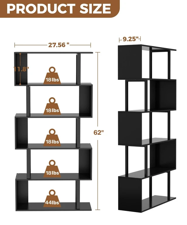 Alt view image 2 of 7 - 5-Tier Geometric Bookcase,S Shaped Bookshelf, Wood Decorative Storage Shelving, Modern Freestanding Display Shelves, Tall Book Shelf Unit for Living Room Bedroom, Black