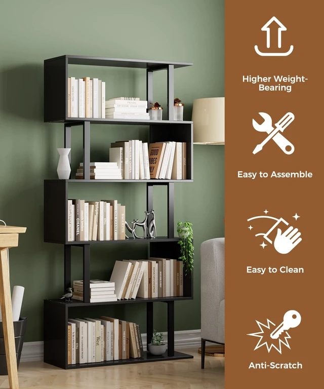Alt view image 3 of 7 - 5-Tier Geometric Bookcase,S Shaped Bookshelf, Wood Decorative Storage Shelving, Modern Freestanding Display Shelves, Tall Book Shelf Unit for Living Room Bedroom, Black