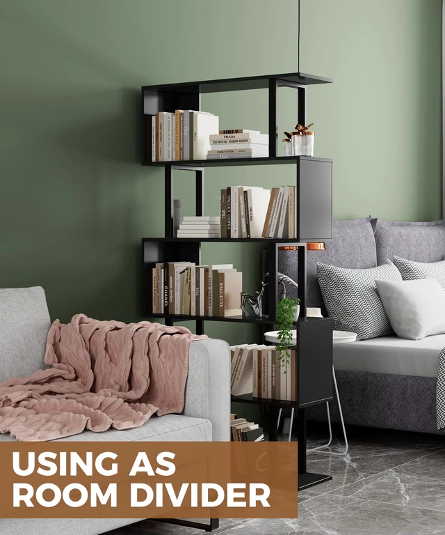Alt view image 4 of 7 - 5-Tier Geometric Bookcase,S Shaped Bookshelf, Wood Decorative Storage Shelving, Modern Freestanding Display Shelves, Tall Book Shelf Unit for Living Room Bedroom, Black