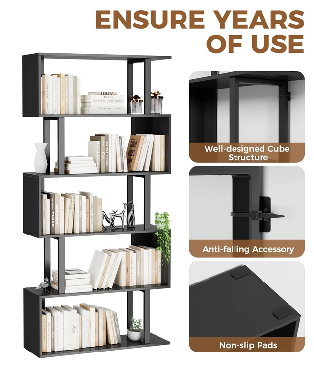 Alt view image 5 of 7 - 5-Tier Geometric Bookcase,S Shaped Bookshelf, Wood Decorative Storage Shelving, Modern Freestanding Display Shelves, Tall Book Shelf Unit for Living Room Bedroom, Black