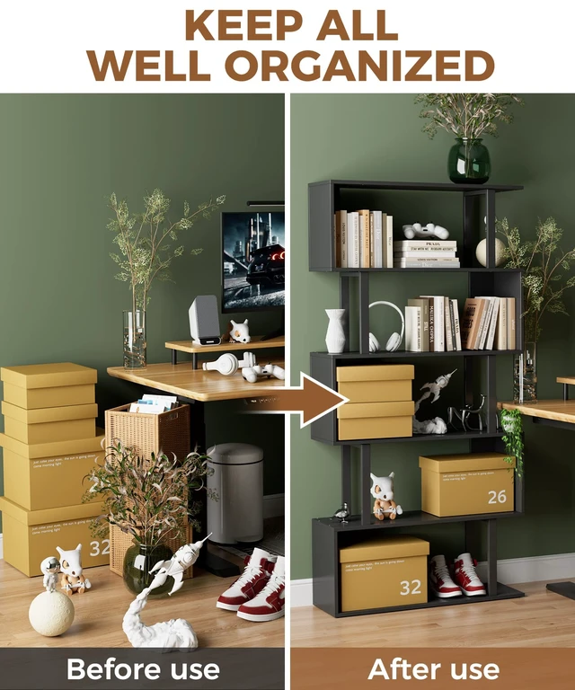 Alt view image 6 of 7 - 5-Tier Geometric Bookcase,S Shaped Bookshelf, Wood Decorative Storage Shelving, Modern Freestanding Display Shelves, Tall Book Shelf Unit for Living Room Bedroom, Black