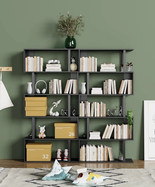 Alt view image 7 of 7 - 5-Tier Geometric Bookcase,S Shaped Bookshelf, Wood Decorative Storage Shelving, Modern Freestanding Display Shelves, Tall Book Shelf Unit for Living Room Bedroom, Black