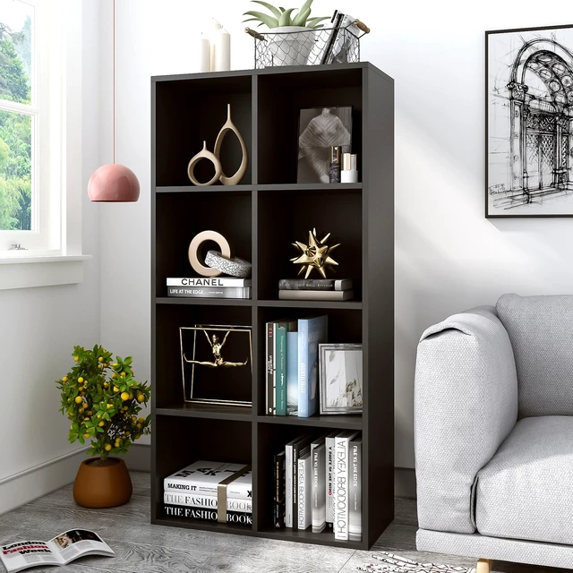 Alt view image 3 of 7 - 8-Cube Storage Shelf Bookcase, Black | Wooden 4-Tier Open Bookshelf, Fits 11×11" Bins, Vertical or Horizontal Use, Full Back Panels, For Home Office