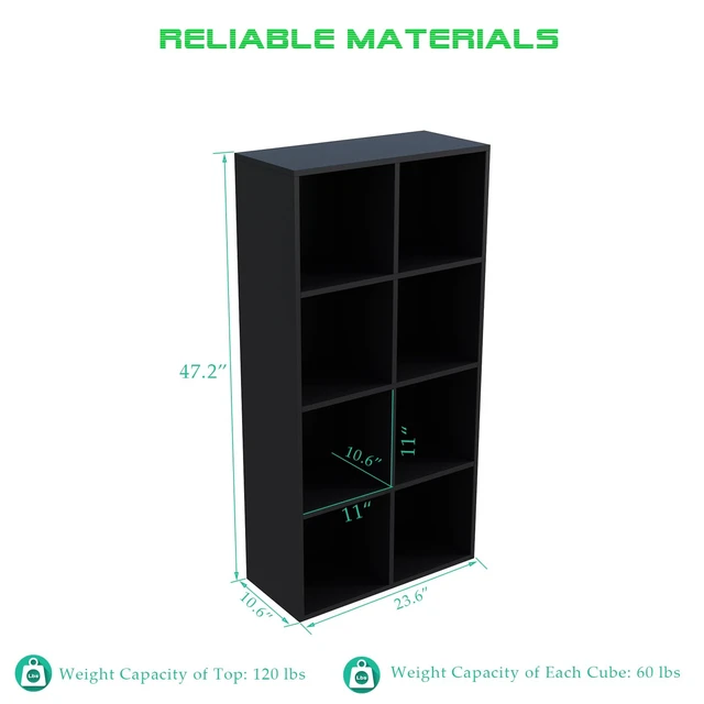 Alt view image 4 of 7 - 8-Cube Storage Shelf Bookcase, Black | Wooden 4-Tier Open Bookshelf, Fits 11×11" Bins, Vertical or Horizontal Use, Full Back Panels, For Home Office