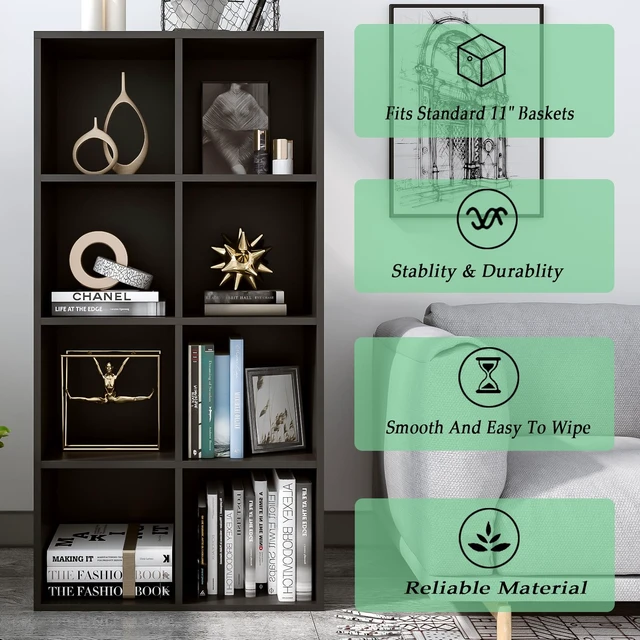 Alt view image 7 of 7 - 8-Cube Storage Shelf Bookcase, Black | Wooden 4-Tier Open Bookshelf, Fits 11×11" Bins, Vertical or Horizontal Use, Full Back Panels, For Home Office