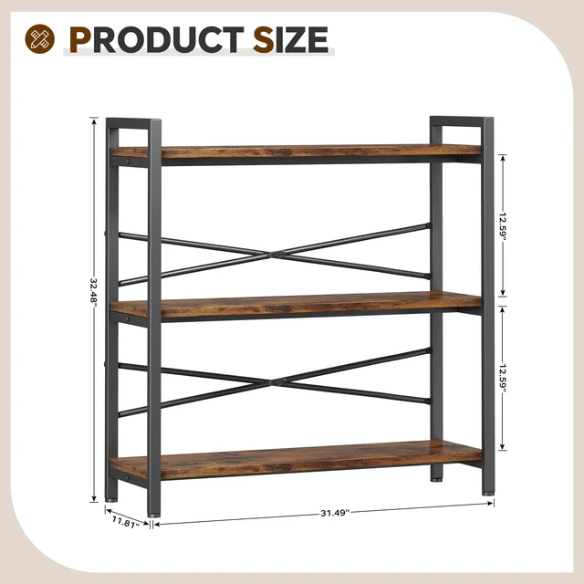 Alt view image 3 of 7 - Book Shelf, 3 Tier Bookshelf 31.49" Width, Book Shelf Storage and Organization, Wooden and Metal Industrial Bookcase, Large Book Shelves for Home Living Room Bedroom Office Storage(Vintage)