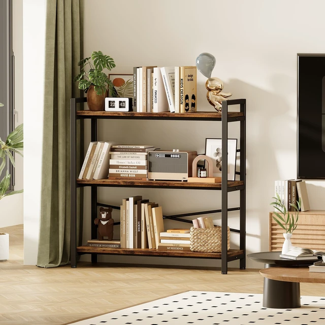 Alt view image 2 of 7 - Book Shelf, 3 Tier Bookshelf 31.49" Width, Book Shelf Storage and Organization, Wooden and Metal Industrial Bookcase, Large Book Shelves for Home Living Room Bedroom Office Storage(Vintage)