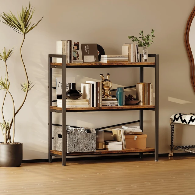 Alt view image 7 of 7 - Book Shelf, 3 Tier Bookshelf 31.49" Width, Book Shelf Storage and Organization, Wooden and Metal Industrial Bookcase, Large Book Shelves for Home Living Room Bedroom Office Storage(Vintage)