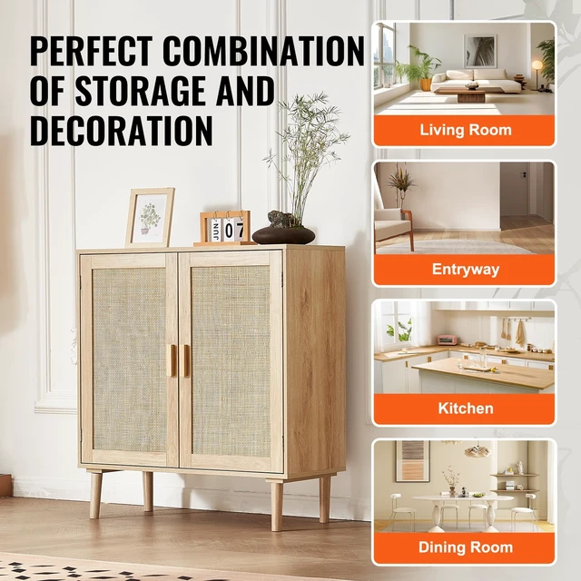 Alt view image 5 of 7 - Sideboard Cabinet, Buffet Cabinet with 2 Magnetic Doors and Adjustable Shelves, Sideboard Buffet for Hallway, Entryway, Living Room, or Kitchen, Natural
