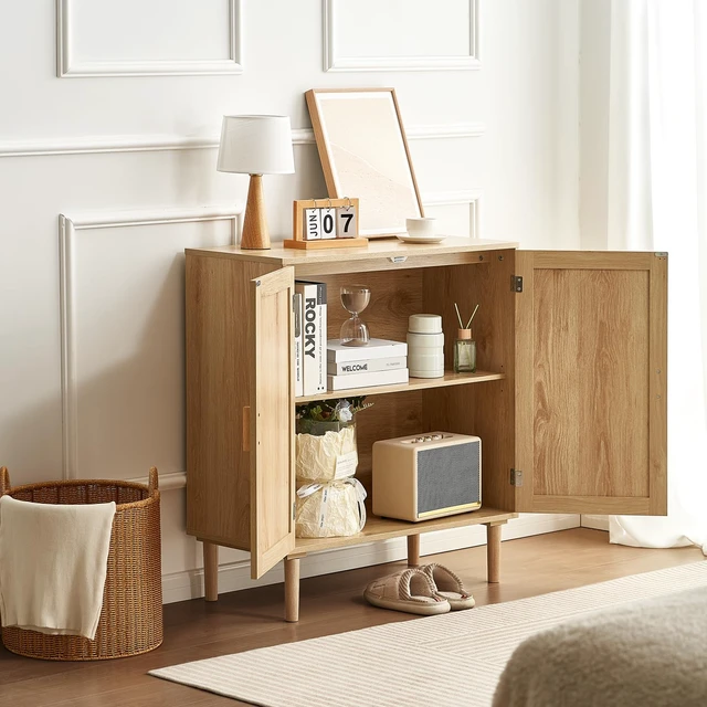 Alt view image 6 of 7 - Sideboard Cabinet, Buffet Cabinet with 2 Magnetic Doors and Adjustable Shelves, Sideboard Buffet for Hallway, Entryway, Living Room, or Kitchen, Natural