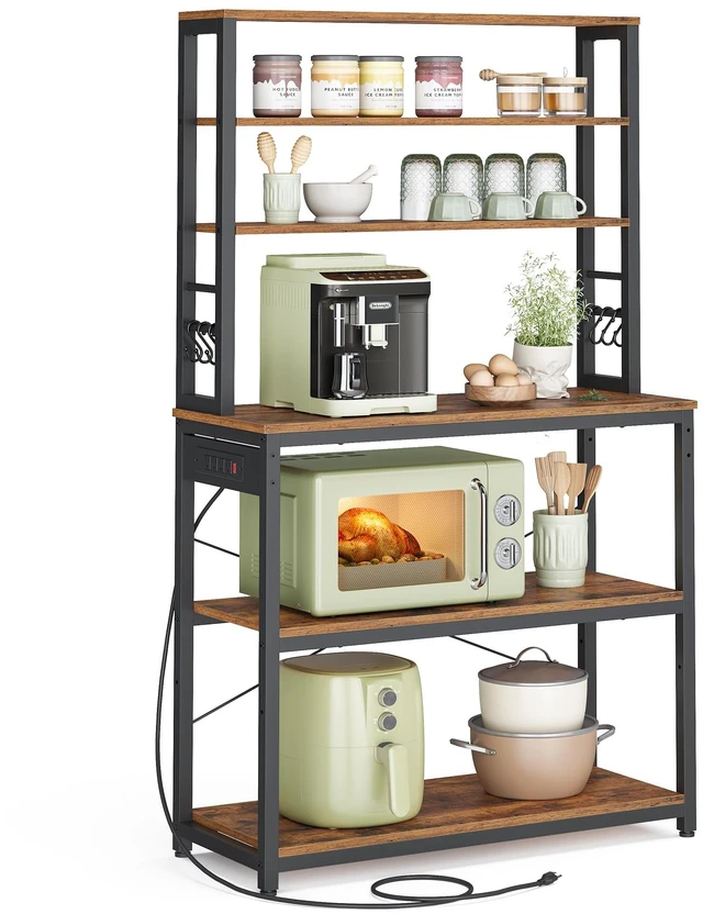 Main image of Coffee Bar, 31.5 Inches 6-Tier Baker's Rack with 6 Hooks | Modern Basic Microwave Stand, 31.5 x 15.8 x 65.8 Inches, Rustic Brown and Ink Black, BARNET Collection UKKS119K01