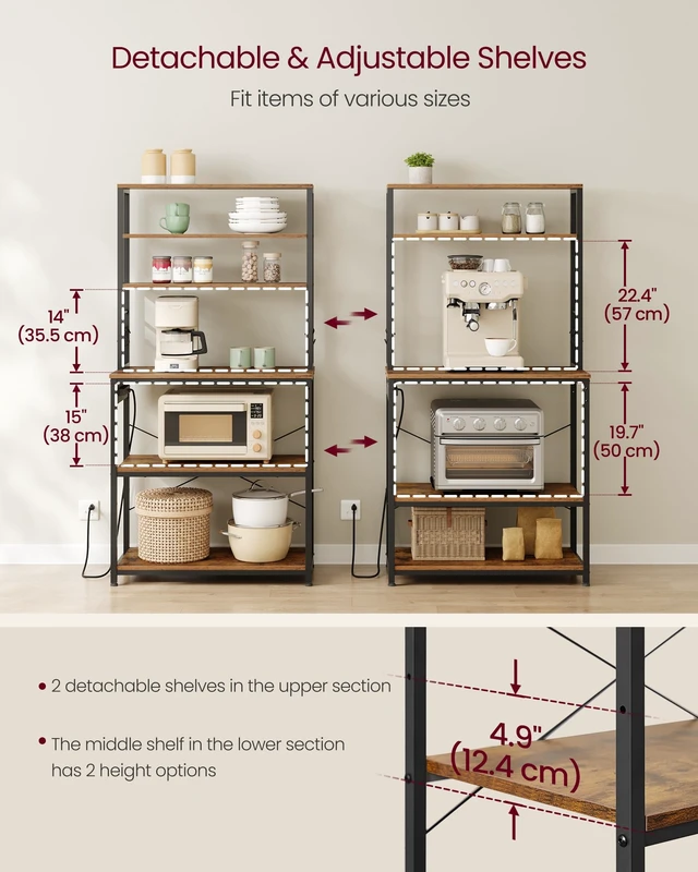Alt view image 4 of 7 - Coffee Bar, 31.5 Inches 6-Tier Baker's Rack with 6 Hooks | Modern Basic Microwave Stand, 31.5 x 15.8 x 65.8 Inches, Rustic Brown and Ink Black, BARNET Collection UKKS119K01