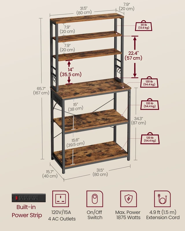 Alt view image 5 of 7 - Coffee Bar, 31.5 Inches 6-Tier Baker's Rack with 6 Hooks | Modern Basic Microwave Stand, 31.5 x 15.8 x 65.8 Inches, Rustic Brown and Ink Black, BARNET Collection UKKS119K01