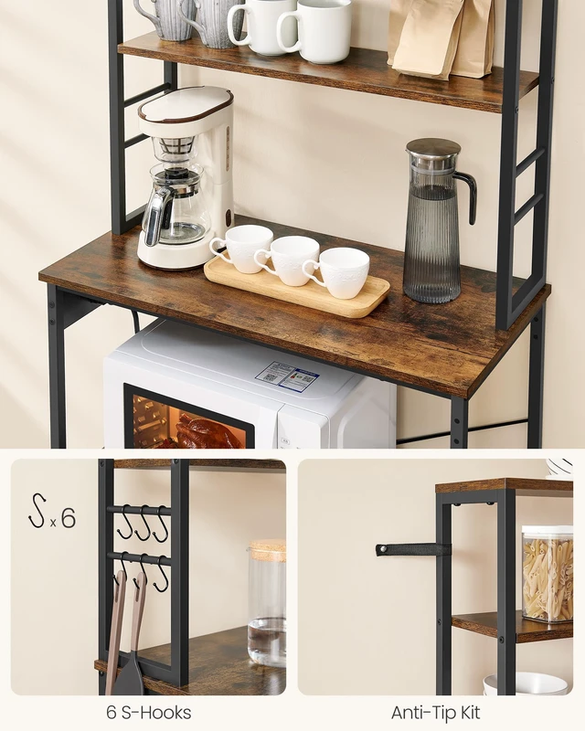 Alt view image 7 of 7 - Coffee Bar, 31.5 Inches 6-Tier Baker's Rack with 6 Hooks | Modern Basic Microwave Stand, 31.5 x 15.8 x 65.8 Inches, Rustic Brown and Ink Black, BARNET Collection UKKS119K01