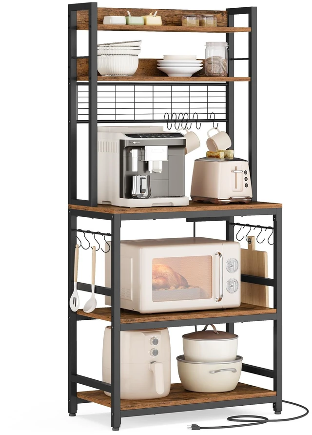 Main image of Bakers Rack with Power Outlet, 23.6 Inches Microwave Stand | Kitchen Storage Shelf, Metal Wire Panel, 23.6 x 15.7 x 66.9 Inches, Rustic Brown and Black, BARNET Collection UKKS037B01