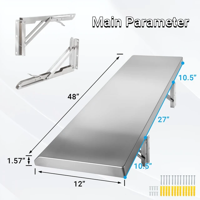 Alt view image 2 of 7 - Folding Concession Shelf 48" x 12" for Kitchen, Food Truck, Garage | Stainless Steel, Heavy Duty Drop Down Folding Serving Food Shelf, Easy to Clean, Space-Saving for Concession Windows