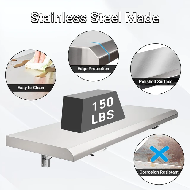 Alt view image 5 of 7 - Folding Concession Shelf 48" x 12" for Kitchen, Food Truck, Garage | Stainless Steel, Heavy Duty Drop Down Folding Serving Food Shelf, Easy to Clean, Space-Saving for Concession Windows