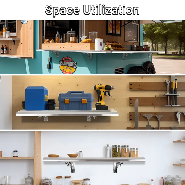 Alt view image 3 of 7 - Folding Concession Shelf 48" x 12" for Kitchen, Food Truck, Garage | Stainless Steel, Heavy Duty Drop Down Folding Serving Food Shelf, Easy to Clean, Space-Saving for Concession Windows