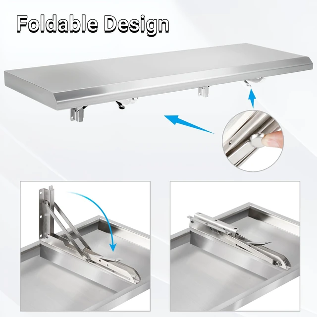 Alt view image 6 of 7 - Folding Concession Shelf 48" x 12" for Kitchen, Food Truck, Garage | Stainless Steel, Heavy Duty Drop Down Folding Serving Food Shelf, Easy to Clean, Space-Saving for Concession Windows