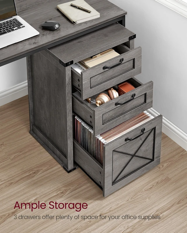 Alt view image 2 of 5 - File Cabinet with 3 Drawers, Printer Stand, Fit A4 Letter Size | Hanging File Folders, Farmhouse Style, for Home Office, Misty Gray, HANAN Collection UOFC054G01