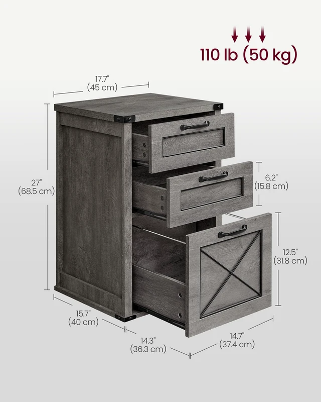 Alt view image 5 of 5 - File Cabinet with 3 Drawers, Printer Stand, Fit A4 Letter Size | Hanging File Folders, Farmhouse Style, for Home Office, Misty Gray, HANAN Collection UOFC054G01