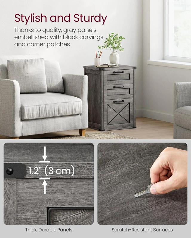 Alt view image 4 of 5 - File Cabinet with 3 Drawers, Printer Stand, Fit A4 Letter Size | Hanging File Folders, Farmhouse Style, for Home Office, Misty Gray, HANAN Collection UOFC054G01